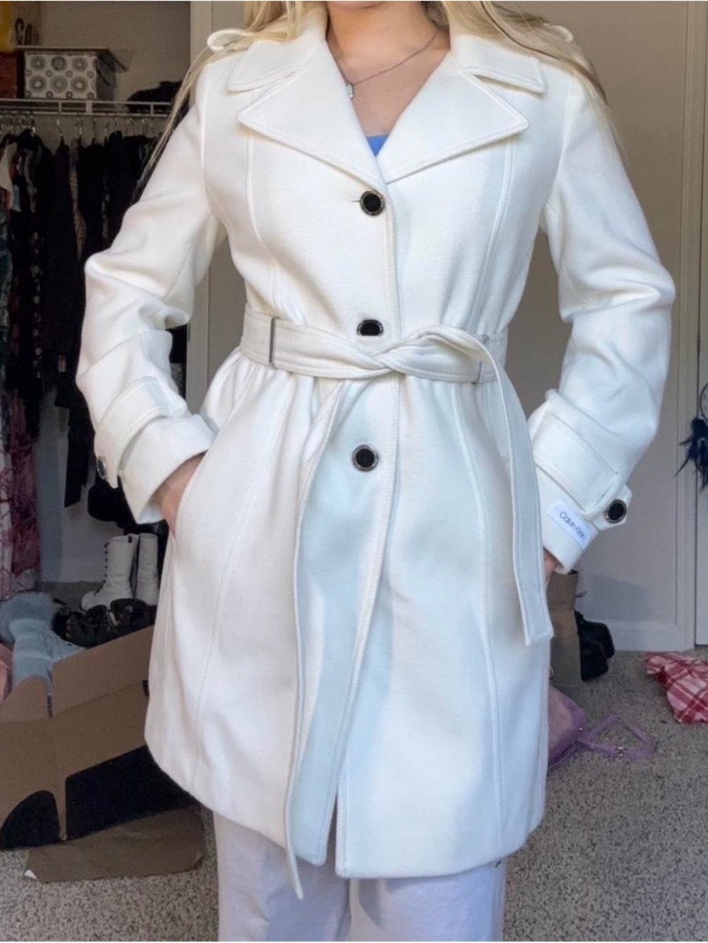 Calvin Klein White Belted Trench Coat Size M